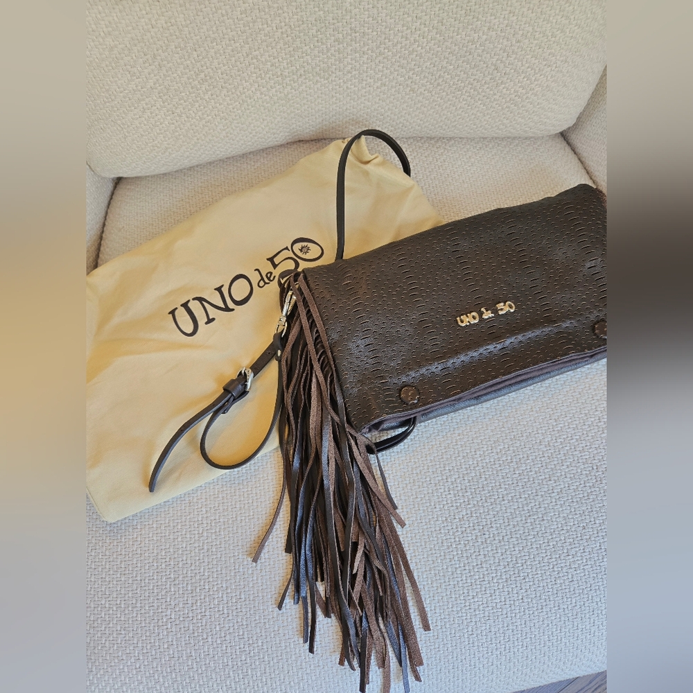 Uno de 50 Brown Leather Clutch/Crossbody Bag With Fringe Detail